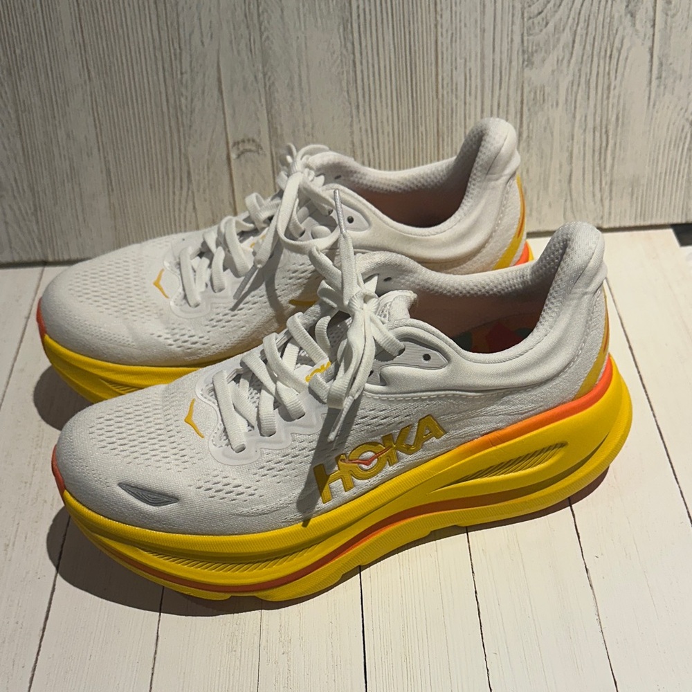 Hoka Women's White and Vibrant Yellow Athletic Shoes